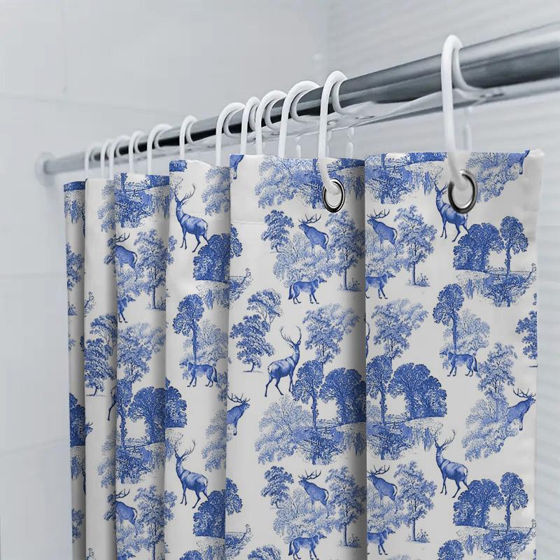 Hjort Skog Duschdraperi Vintage Blå Botanisk Natur Tematisk Bakgrund Tvättrum Dekor Gård Rustika Badrumstillbehör