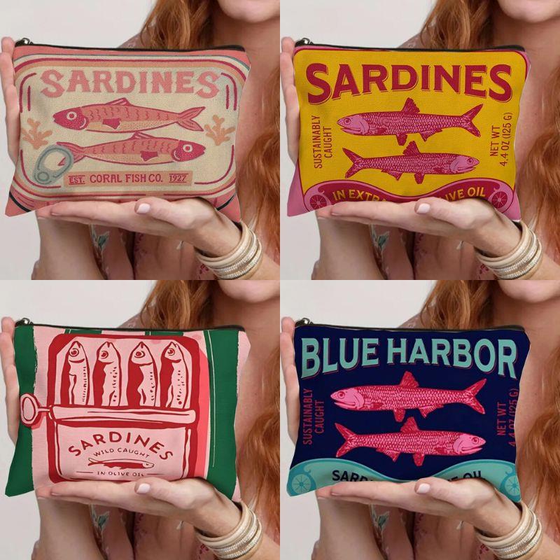 Vintage Sardinen Muster Kosmetiktasche mit Reißverschluss Leichter Reise-Kosmetik-Organizer für Frauen Langlebige Aufbewahrungstasche Münztasche