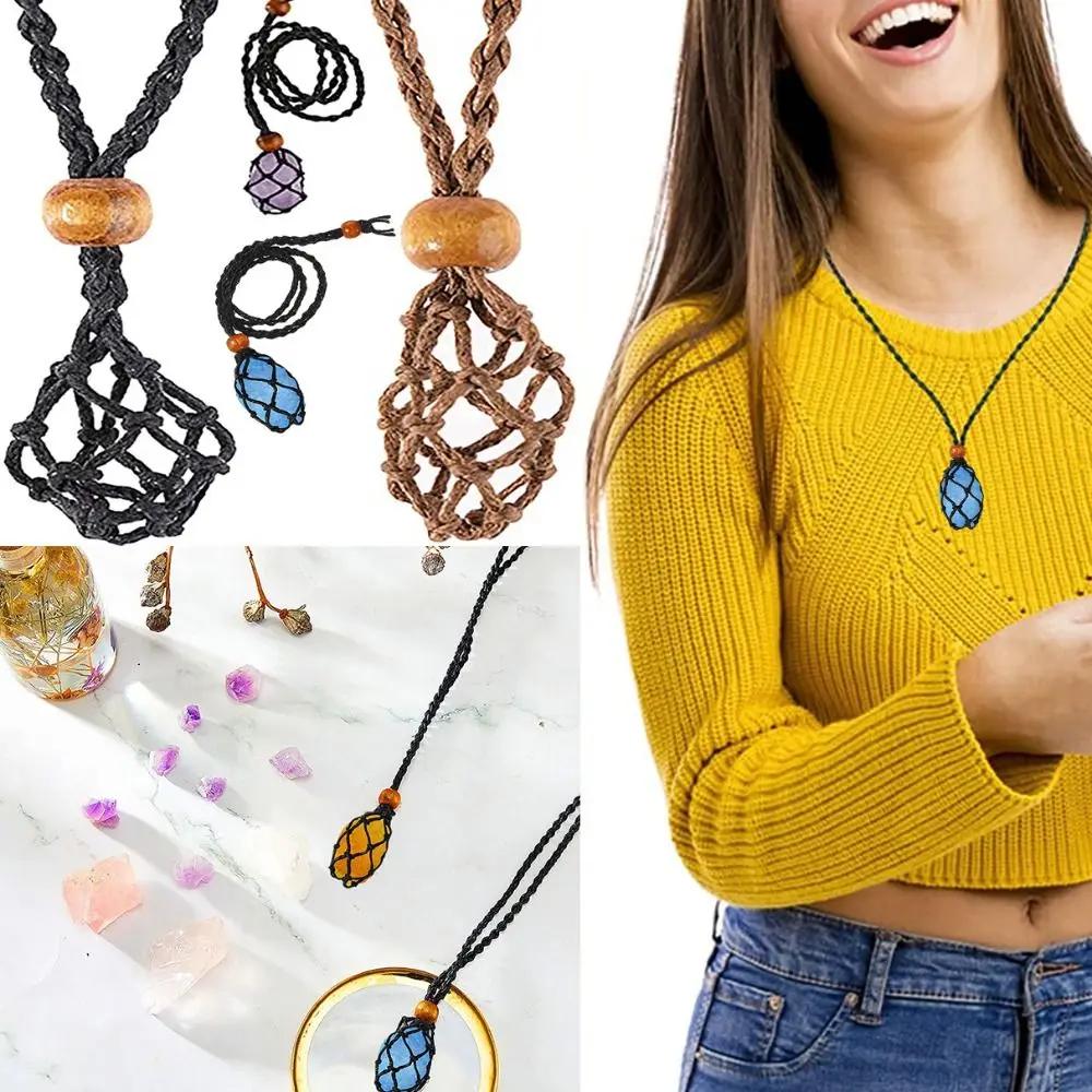 Adjustable Necklace Cord Empty Stone Holder Wax Rope Diy Necklace Natural Quartz Crystal Healing Stone Net Bag Pendant