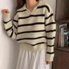 Maglione a Maglia a Righe con Collo a Polo Retrò Chic Coreano 2024 per Donna - Top a Manica Lunga Autunno/Inverno