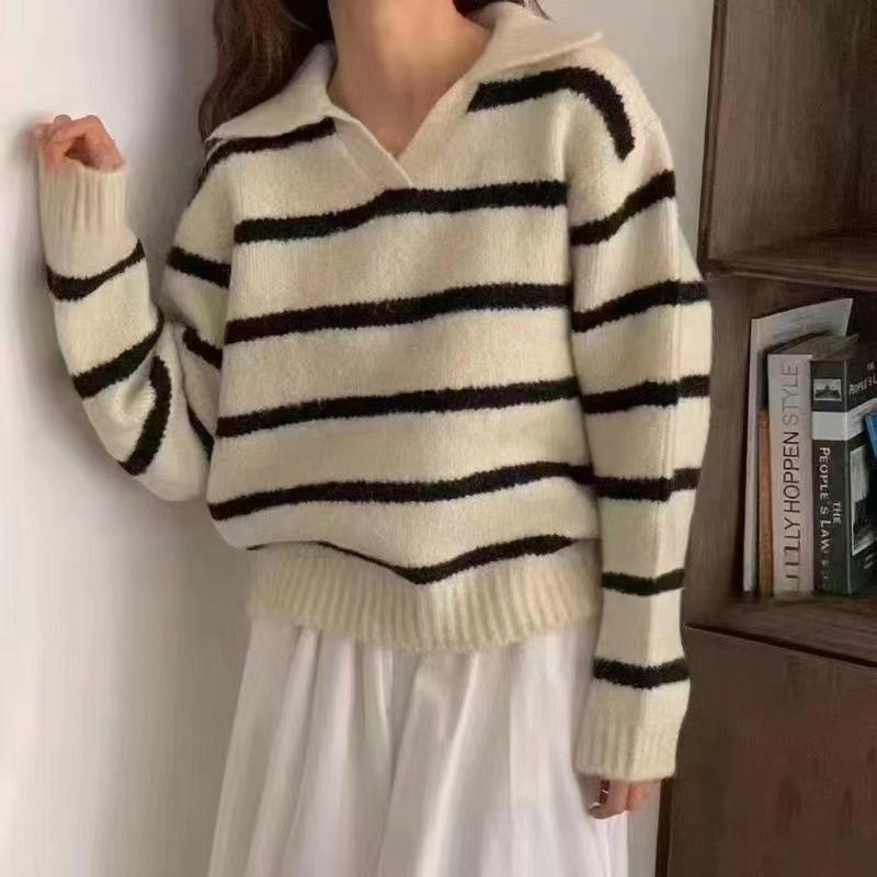 Maglione a Maglia a Righe con Collo a Polo Retrò Chic Coreano 2024 per Donna - Top a Manica Lunga Autunno/Inverno