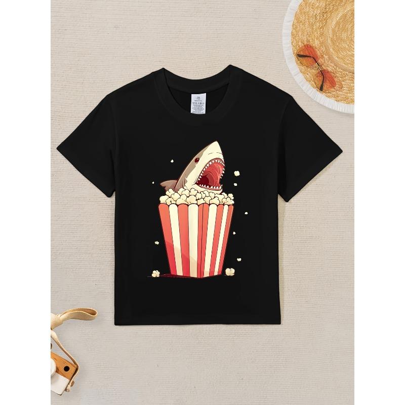 European Sizes Boys' Funny Great White Shark Eating Popcorn Graphic T-Shirt - Movie Night Theme Casual Short Sleeve Round Neck Tee with Cartoon Design