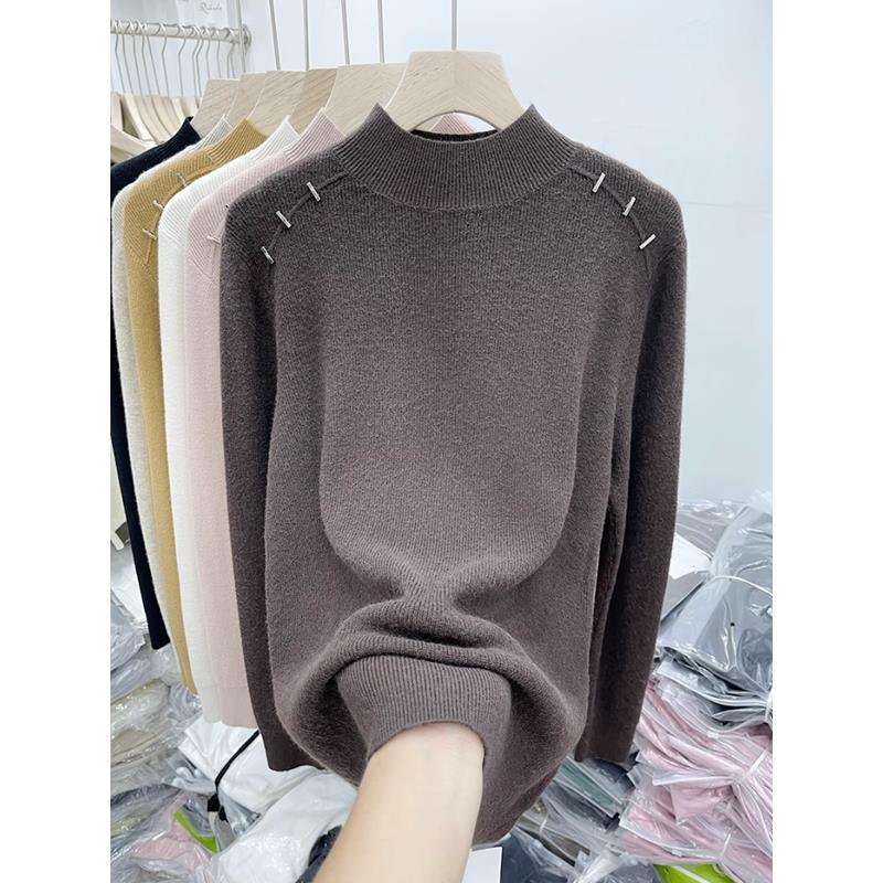 Autumn and Winter Half-high Collar Ribbed Knitted Shirt for Women with An Inner Layer Design Versatile Sweater Shirt