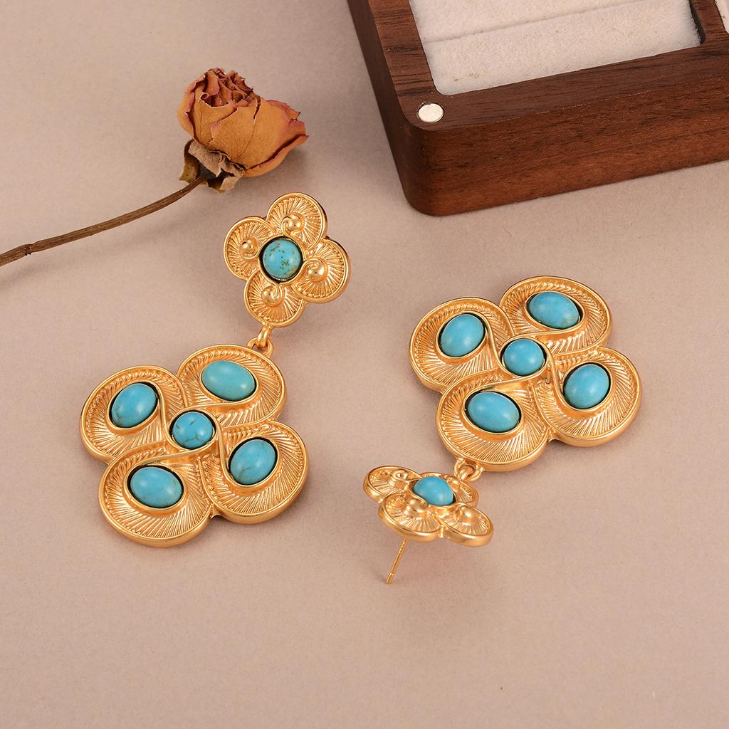 Medieval vintage earrings turquoise exaggerated flower fringed earrings court style thin personality stud earrings