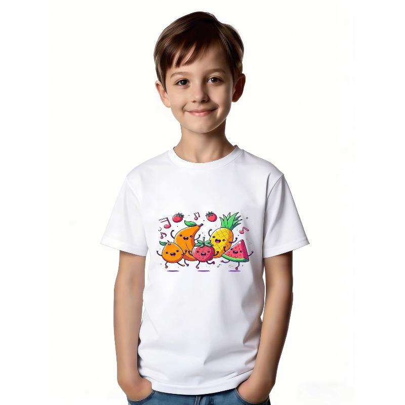 European Sizes Cute Cartoon Fruit Dance T-Shirt - Featuring a Smiling Orange for Girls, Tropical Mango for Boys