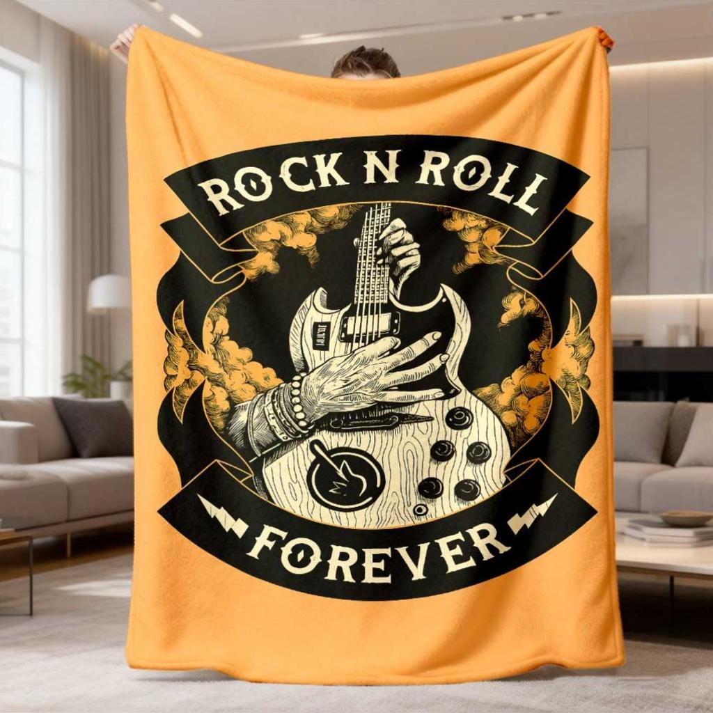 2026 New Flannel Blanket Featuring a Rock 'N' Roll Guitarist Design, Reversible And Suitable for All Seasons. This Cozy Polyester Throw Is Not Made of