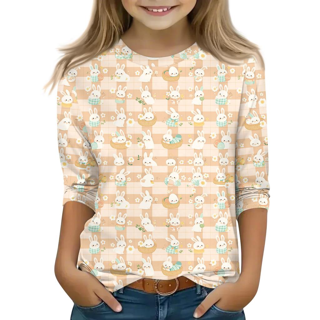Print Tops For Youth Girls Round Neck 3/4 Sleeves T-Shirts Trendy Tops Outfit Tees