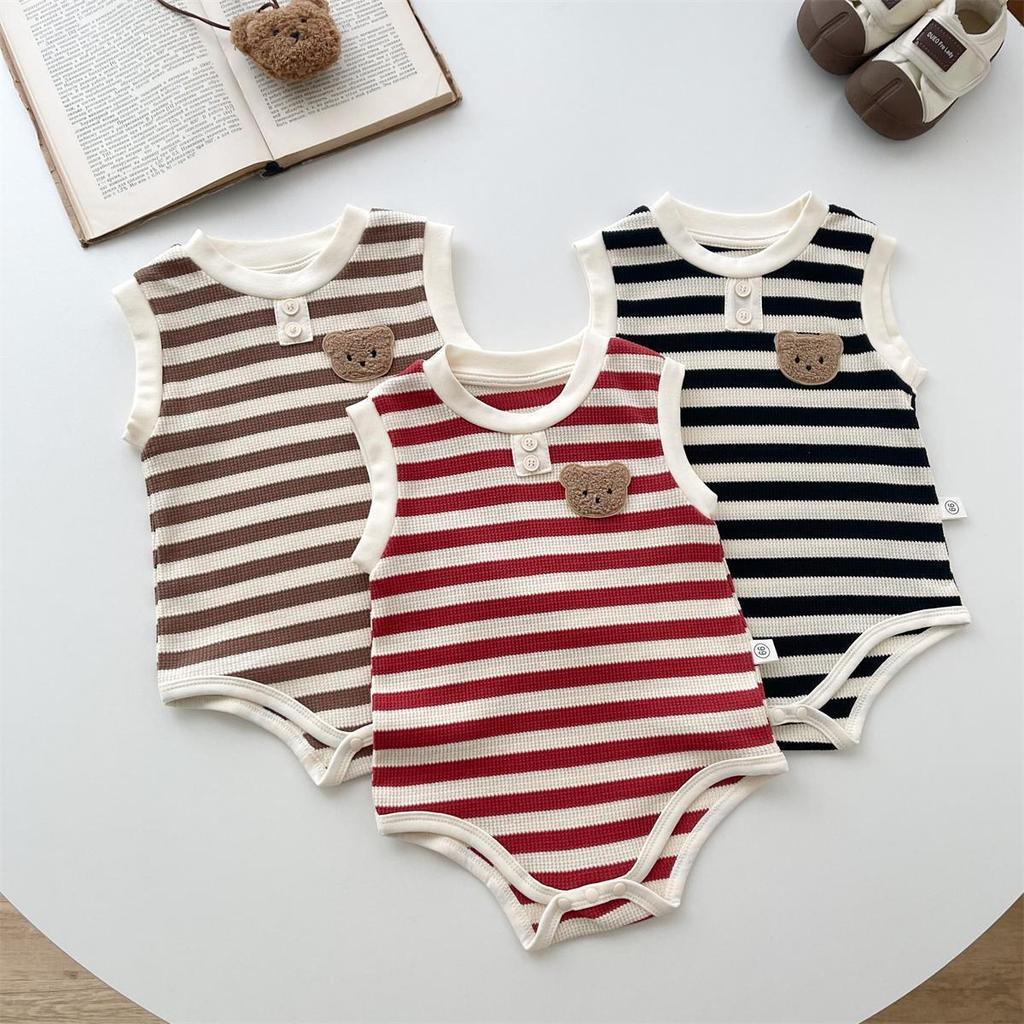 Summer Striped Sleeveless Cartoon Baby Onesie