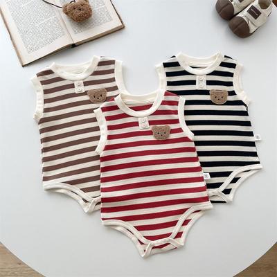 Summer Striped Sleeveless Cartoon Baby Onesie