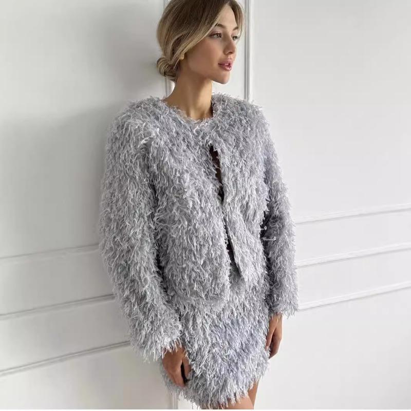 Fall and Winter Women Short Top + Skirt Tassel Jacket Suit