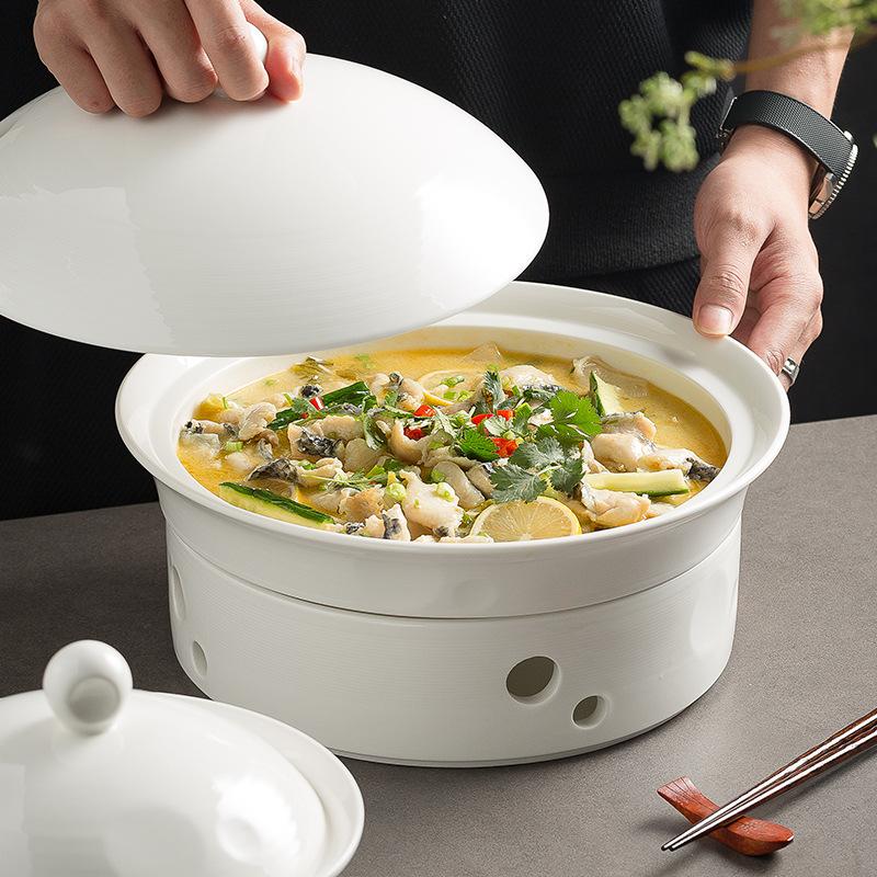Chinese Sauerkraut Fish Heating Insulation Plate Soup Plate Hotel Tableware Commercial Open Furnace Ceramic Dry Pot Plate Boiled Meat Plate