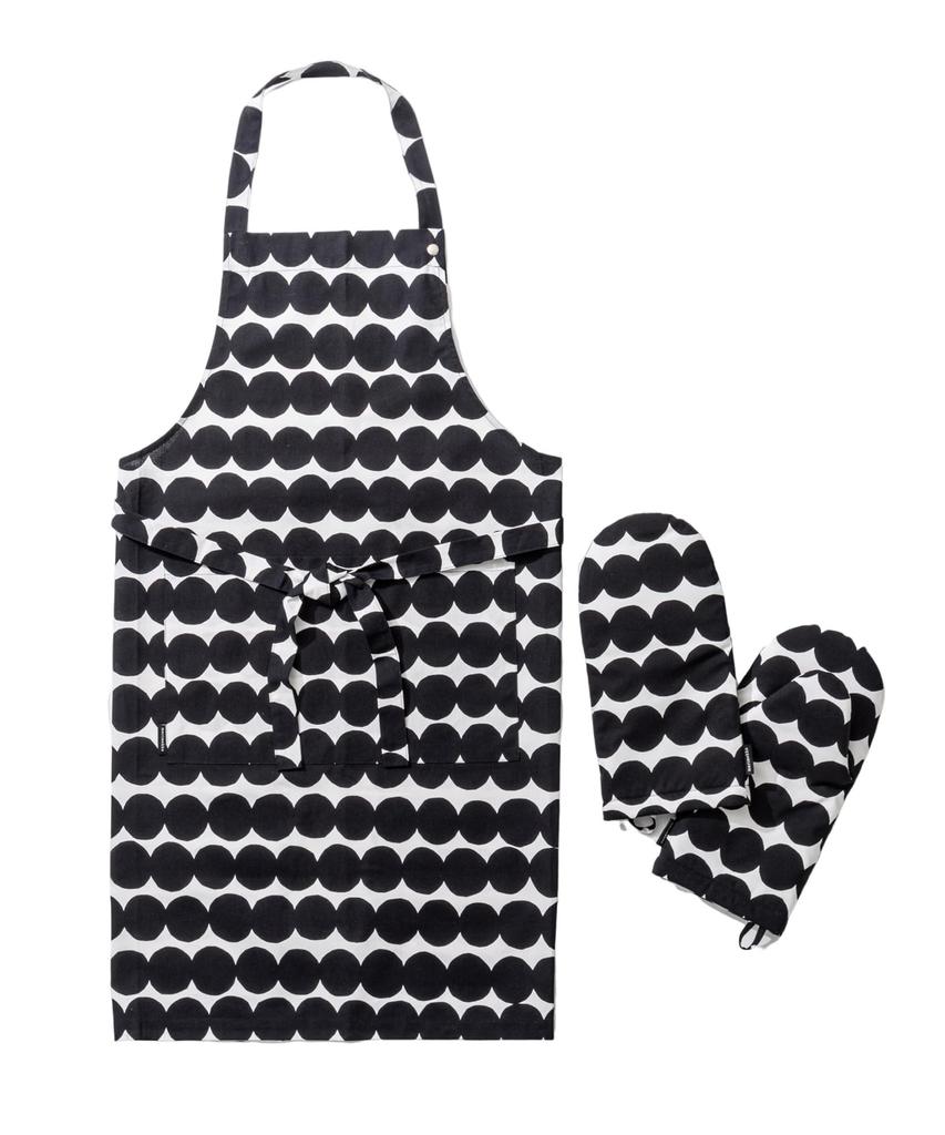 Marimekko 3-Piece Set (2 Aprons and Mittens) 071708 RASYMATTO WHITE/BLACK [Parallel Import]