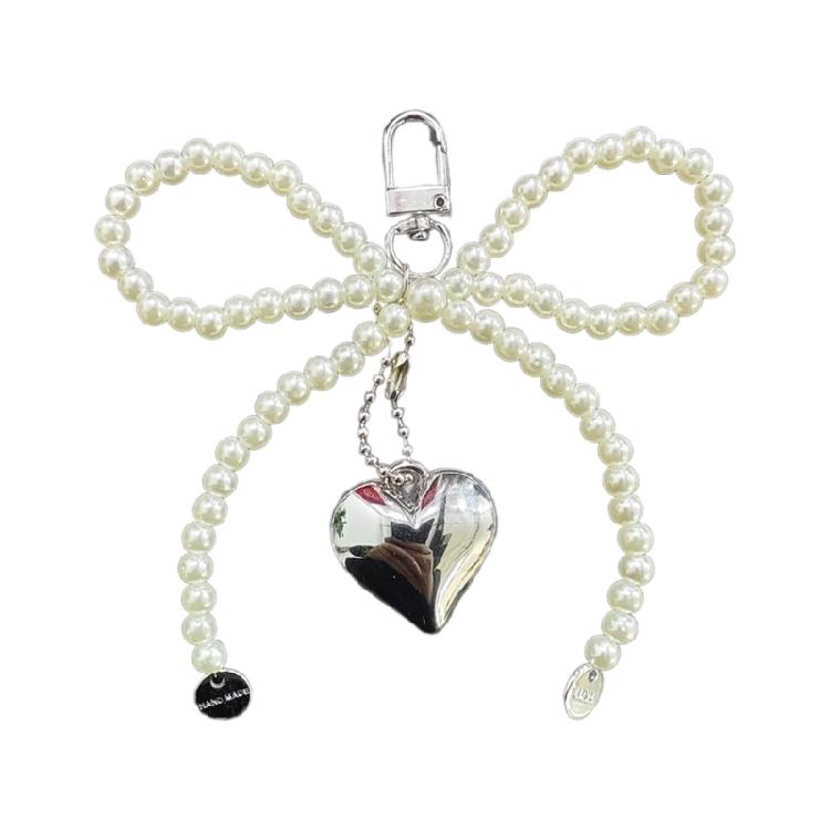 Fashionable Butterfly Ribbon Keychain Heart Pendant Imitation Pearls Key Chain
