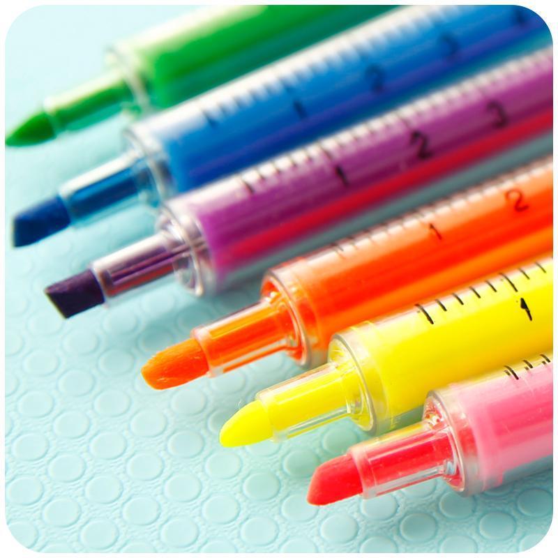 6PCS Syringe Fluorescent Highlighter Color Marker Liner Novelty Office School Student Learning Supplies