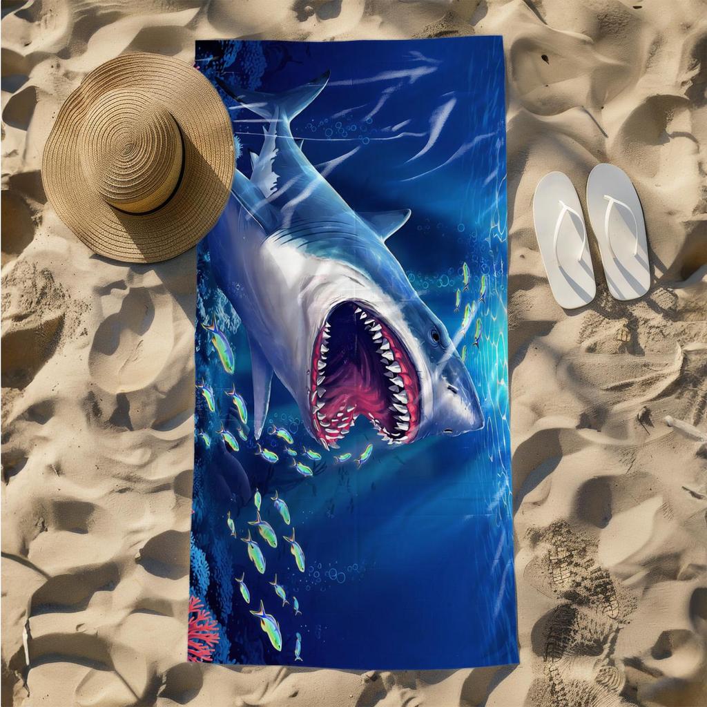 1pc Fierce Shark Encounter in Vibrant Coral Reef 2D Printed Microfiber Beach Towel, quick dry super absorbent. Great for beach