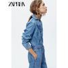 Zaprha 2025 Summer New Long Sleeve Lapel Pocket Wide Leg Adjustable Waist Denim Jumpsuit 0108022