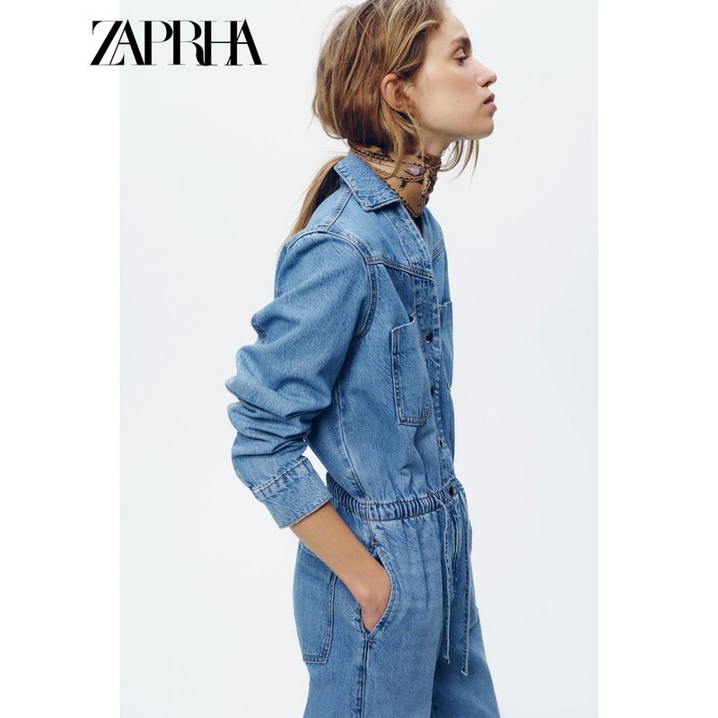 Zaprha 2025 Summer New Long Sleeve Lapel Pocket Wide Leg Adjustable Waist Denim Jumpsuit 0108022