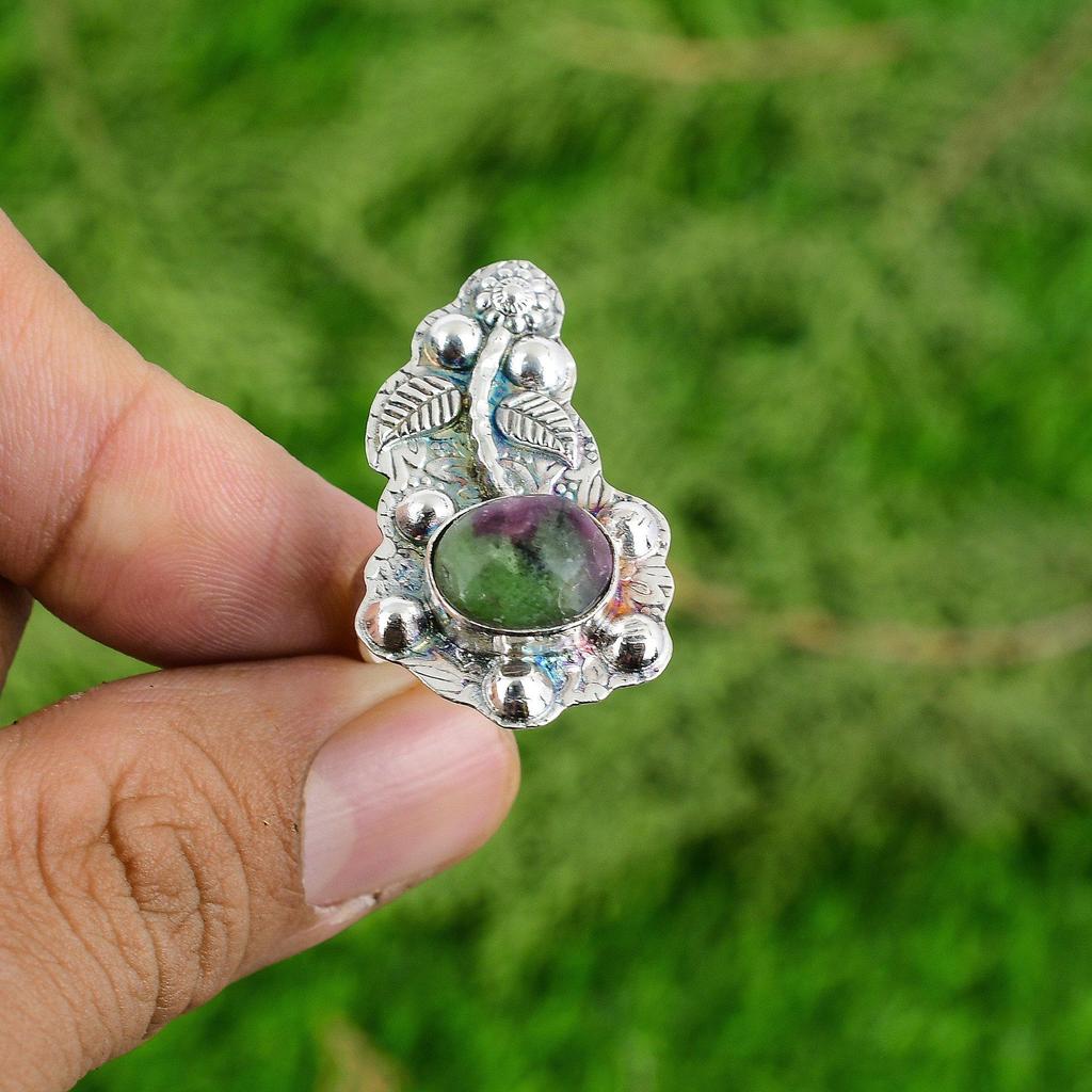Round Ruby Zoisite Stone Handmade Stackable Flower Ring Jewelry Sterling Silver