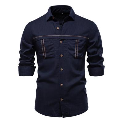 Spring And Summer European And American Style New Men'S Casual Shirt Solid Color Pocket Decoration Long Sleeved Shirt
