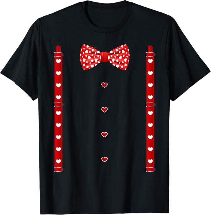 

Red Hearts Bow Tie Suspenders Valentines Day Costume T-Shirt 4XL