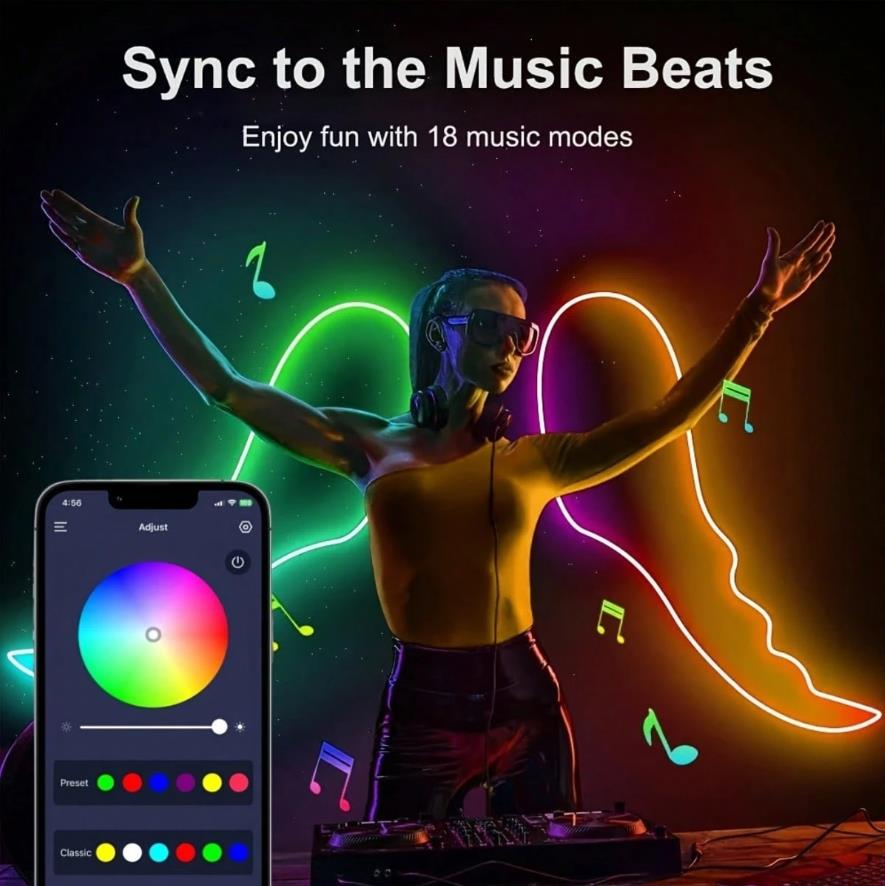 USB RGB Neon Light Strip with APP &Remote Color Change Waterproof Music Sync Mode Flexible Neon Lights for Room Outdoors Decor