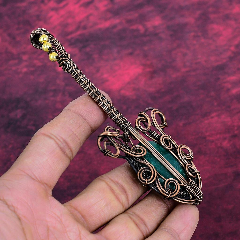 Faceted Zambian Emerald Pendant Copper Wire Wrapped Pendant Dainty Guitar Jewelry