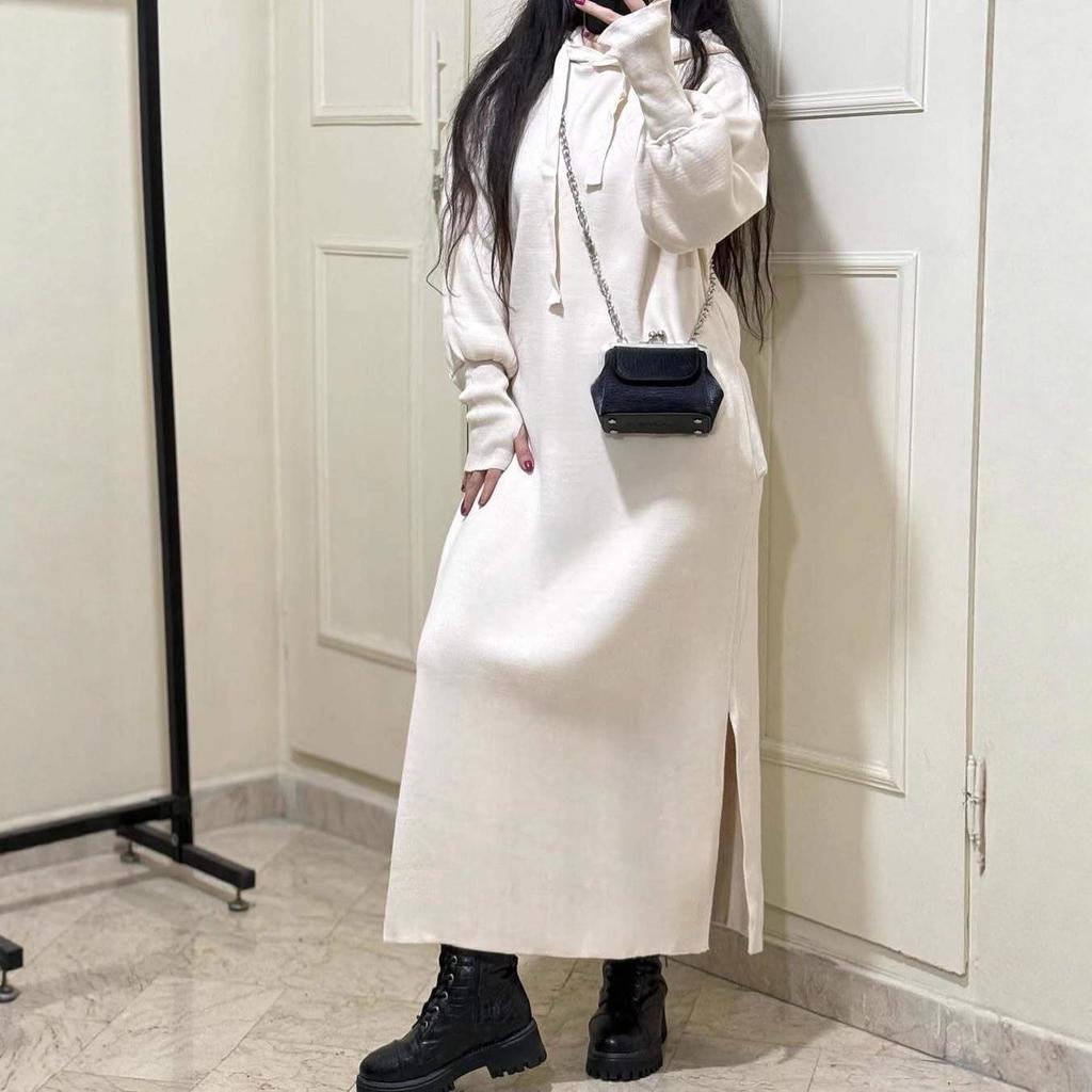 2025 Autumn Women's European & American Knit Sweater Dress with Elastic Lantern Sleeves and Hood