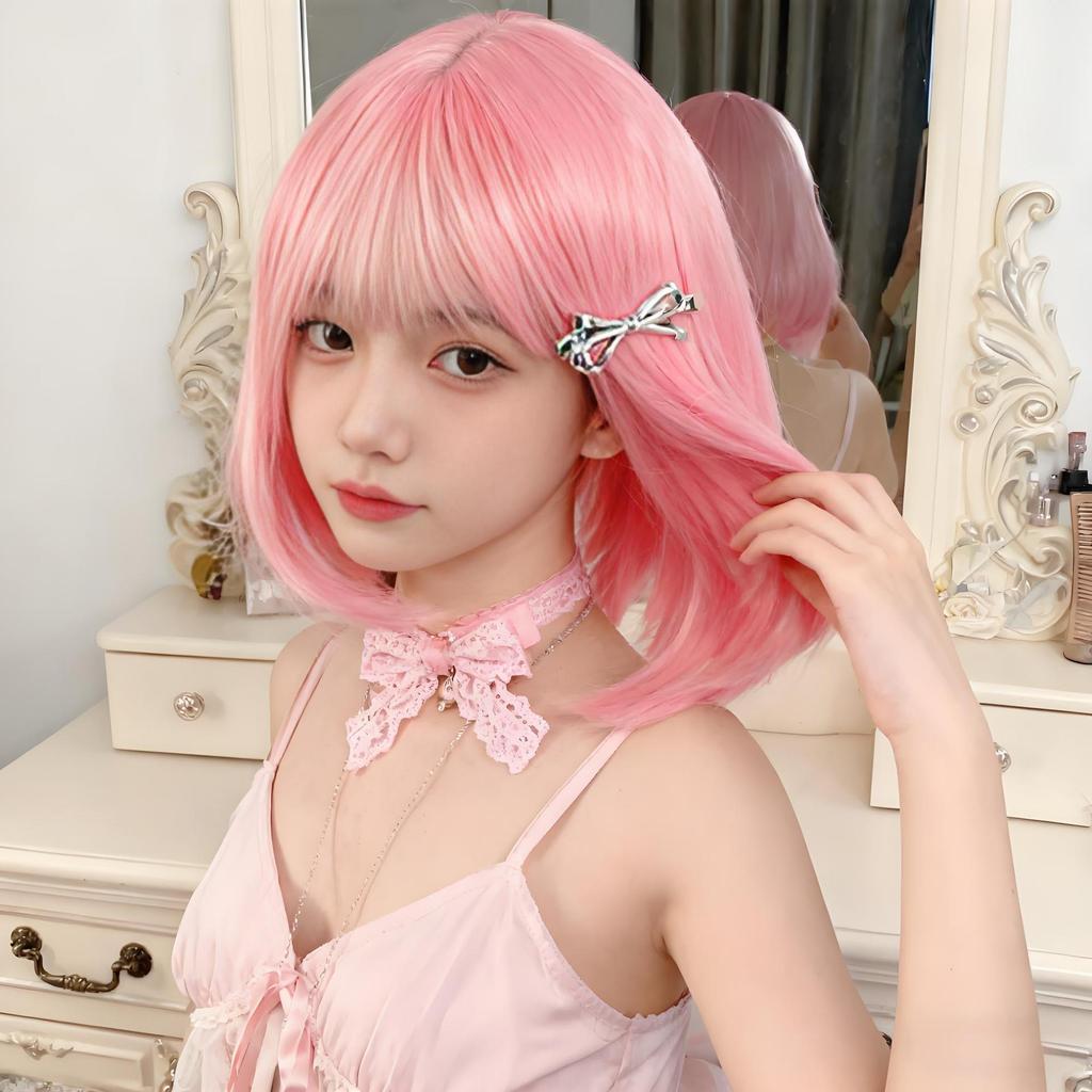 Lolita Style Short Bob Wig – Straight Cut with Bangs, Full Cap Synthetic Hair