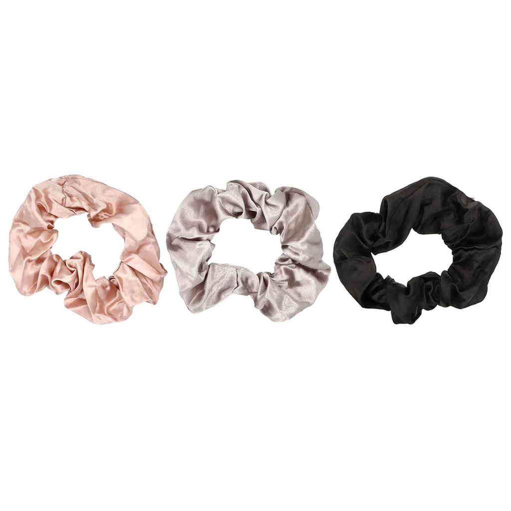 Satin Hair Scrunchie, Extra Large, Blusher, Grey and Black, 3 Pack