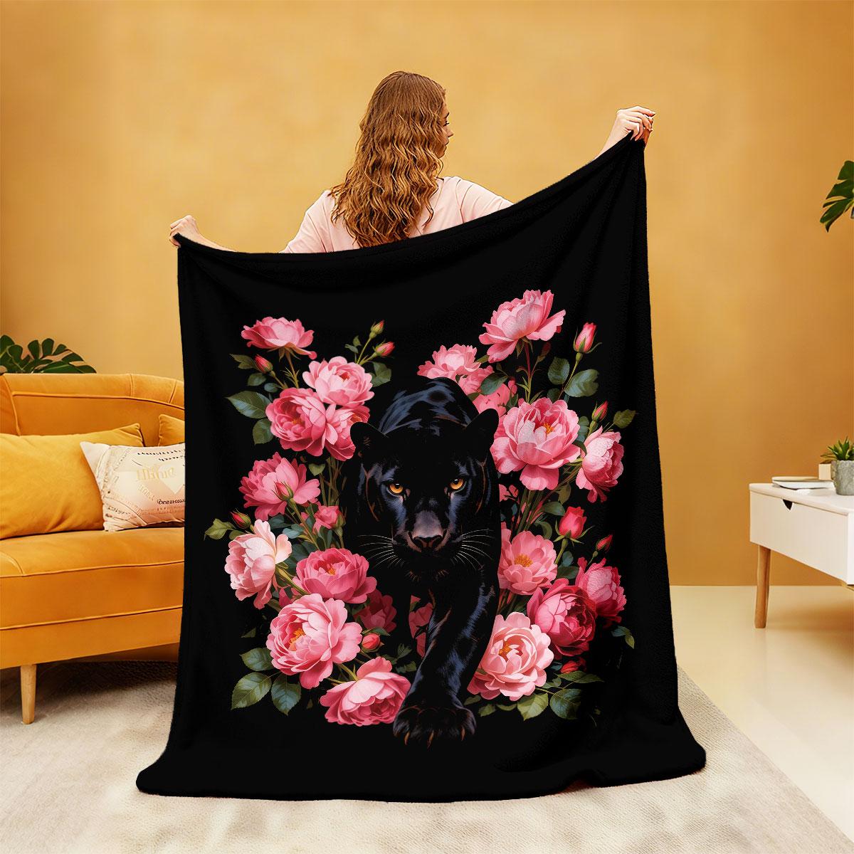 1pc Flower Black Panther Printed Flannel Blanket Multi Size Casual Napping Soft Cover Carpet Machine Washable 75x100cm (30x40inch)