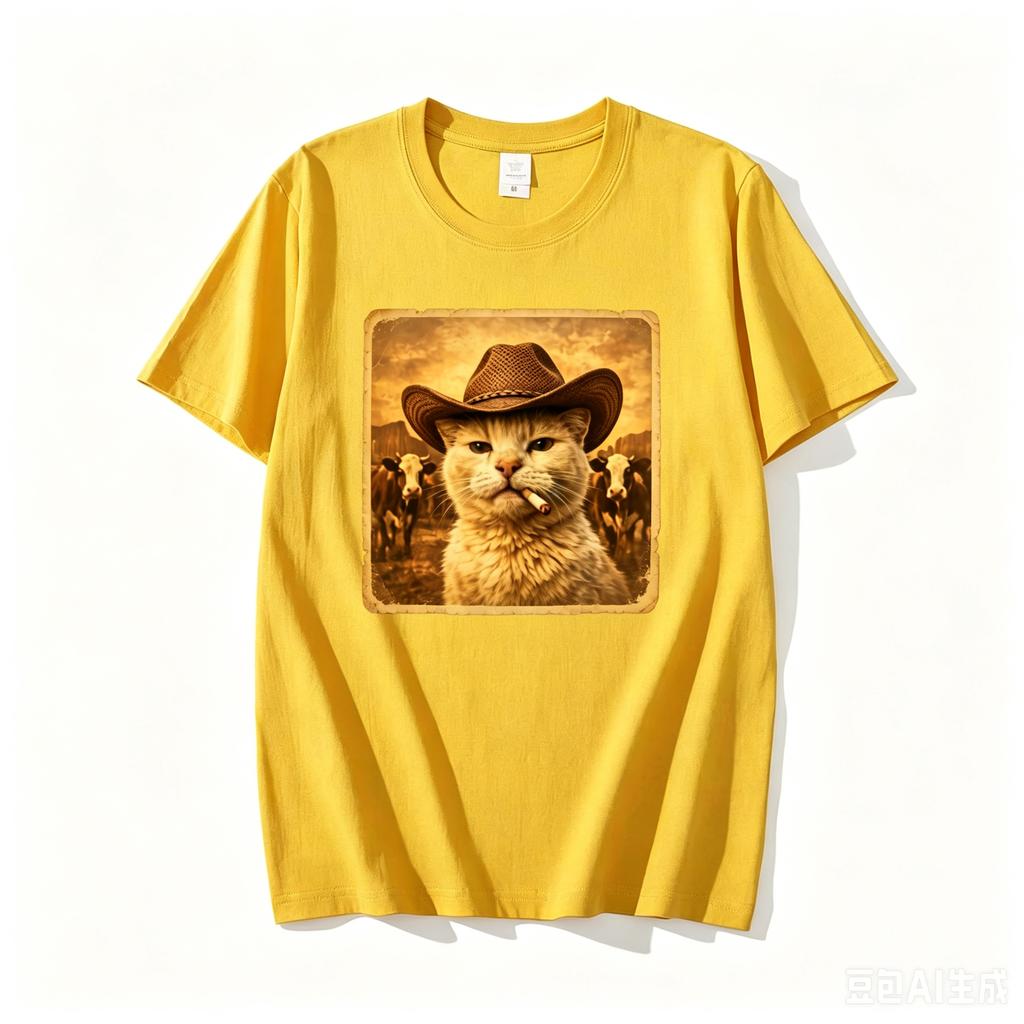 Funny Cowboy Cat Meme T Shirt Unisex Western Graphic Tee Weird Cat Lover Tshirts Retro Meme T Shirts Casual Round Neck Printed Tops