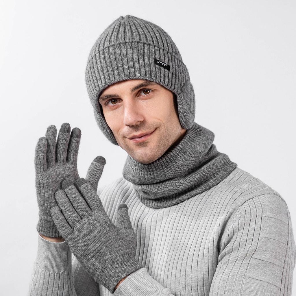Fashion Ear Protection Knitted Wool Hat Outdoor Cycling Warm Hat Scarf Gloves Three-piece Men's Set