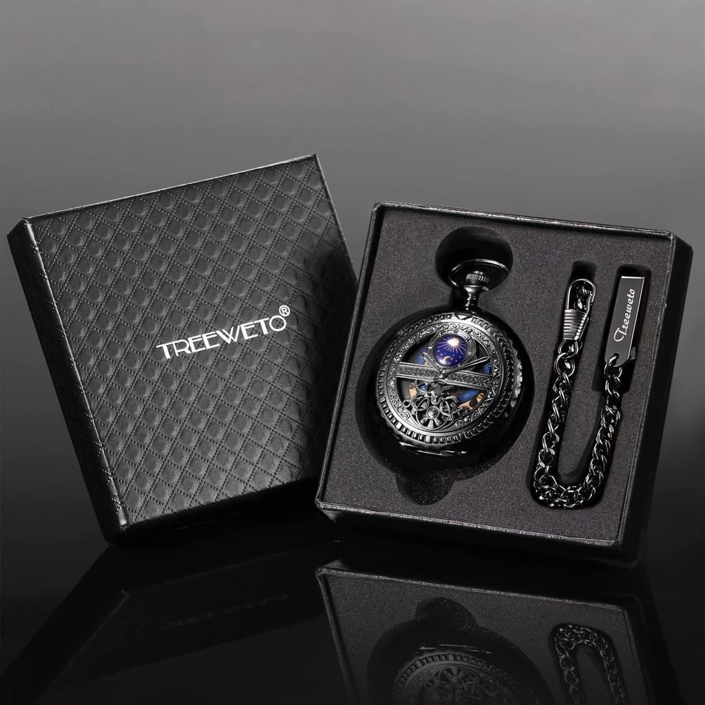 TREEWETO Mechanical Pocket Roman Moon and Sun with Chain and Gift Watch, Black, Numerals, Design, Box.