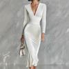 White Deep V-neck Long-sleeved Slim-fit Medium and Long Dress, High Elastic Waist Fold Hip Wrap Banquet Party