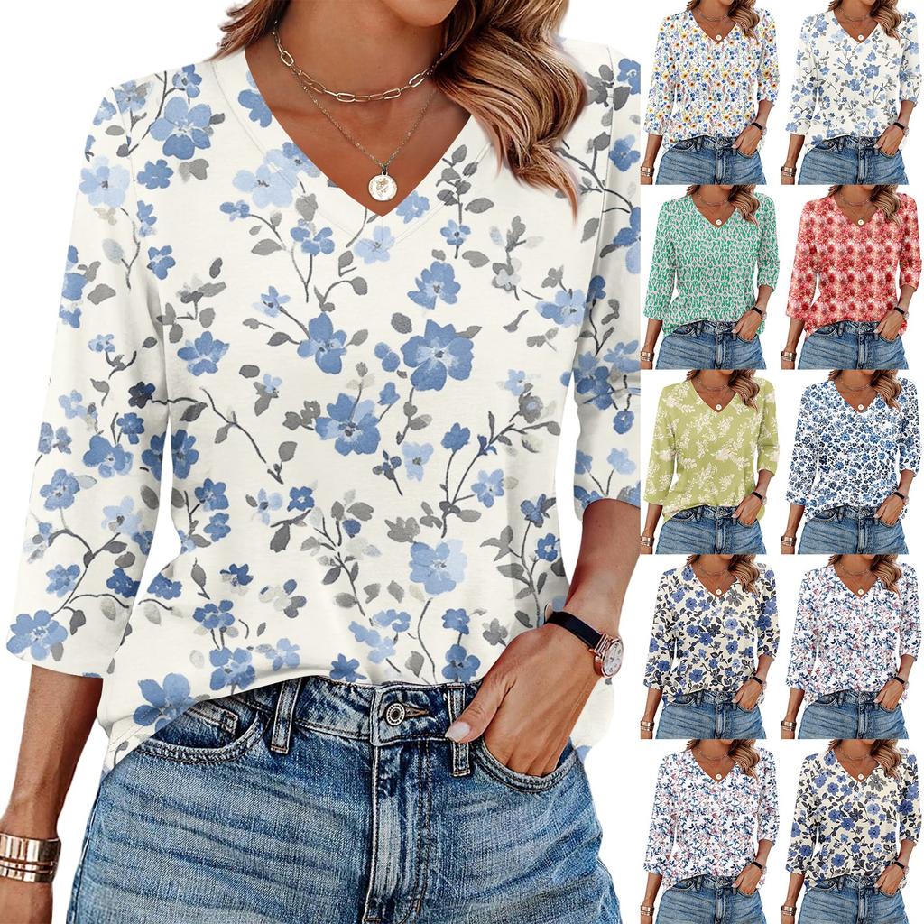 Women's V Neck 3/4 Sleeve Tops Casual T Shirts Basic Summer Tees Loose Fit Fall Pullover Tunic