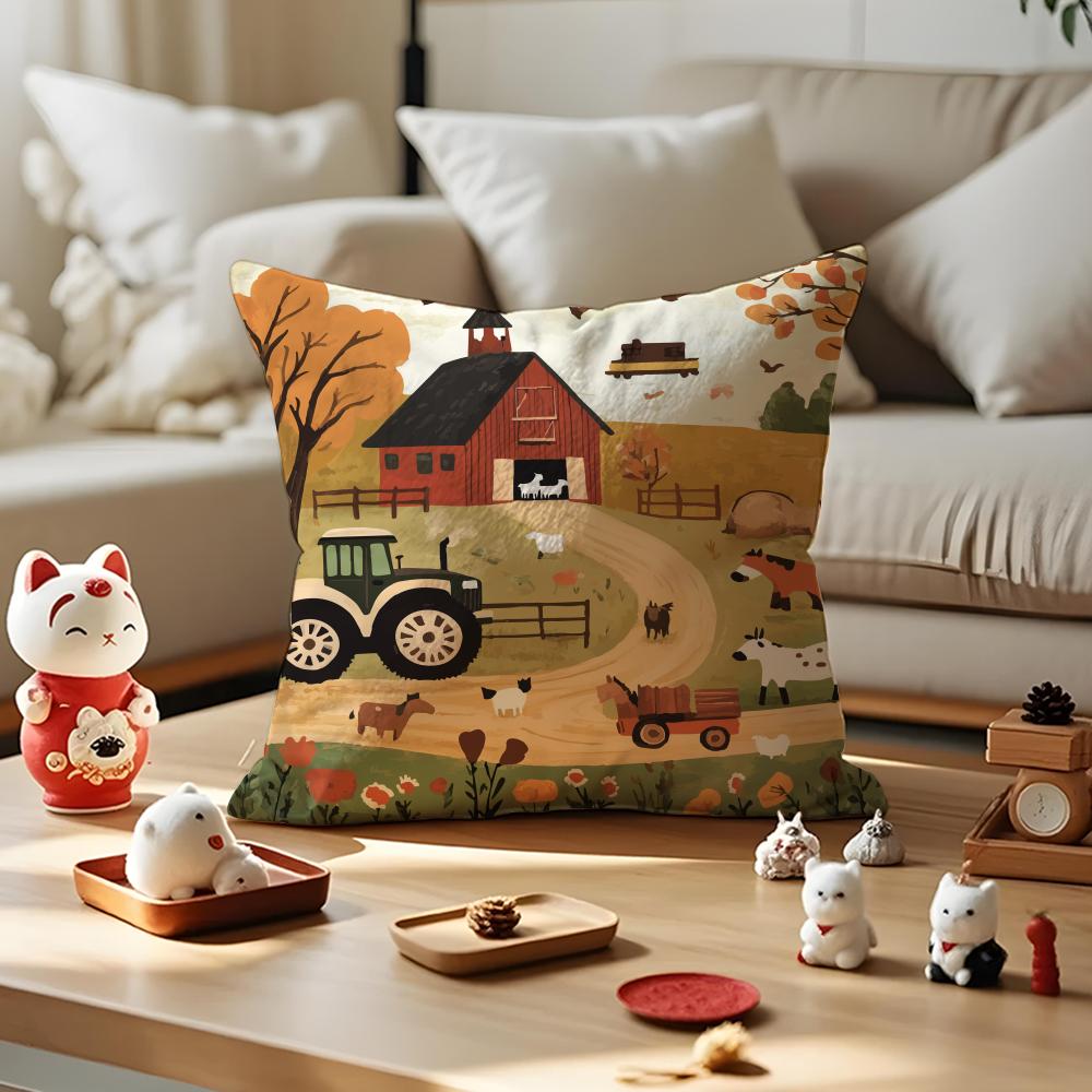 Colorful Farm Painting Pillow Case Antidustmite Pillowcase Invisible Zipper Silky Short Plush Sofa Cushion Cover