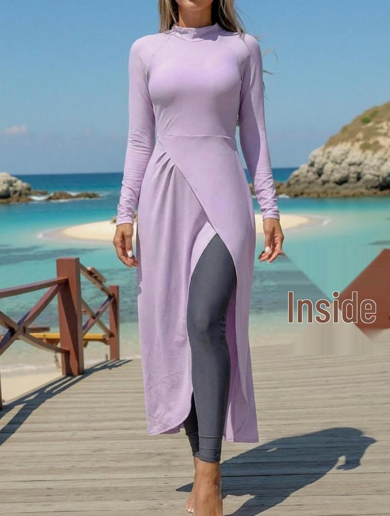 Women's Long Sleeve One-piece Skirt Style Swimwear with Long Pants