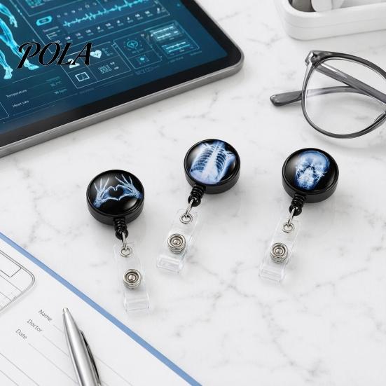 Nurse ID Holder Radiology Badge Reel, Retractable Skeleton with Clip, Chest Anatomy Reel Skull Bones Patterns Name Card for Doctor Cards
