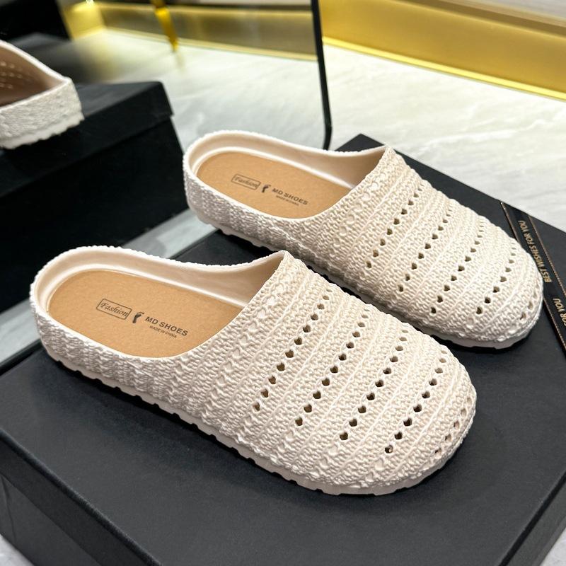 Spring and summer women's niche hollow casual flat bottom versatile soft bottom outer wear bag head slippers white brown universal