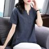 High-end V-neck Short-sleeved Striped Shirt for Women Summer New Style Cotton Plus Size Shirt Fashionable Loose Top