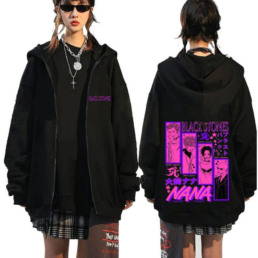 Japanese Anime Black Stone Zipper Hoodie Men's and Women's Manga Casual Zipper Jacket Men's Retro Harajuku Zipper Sweatshirt