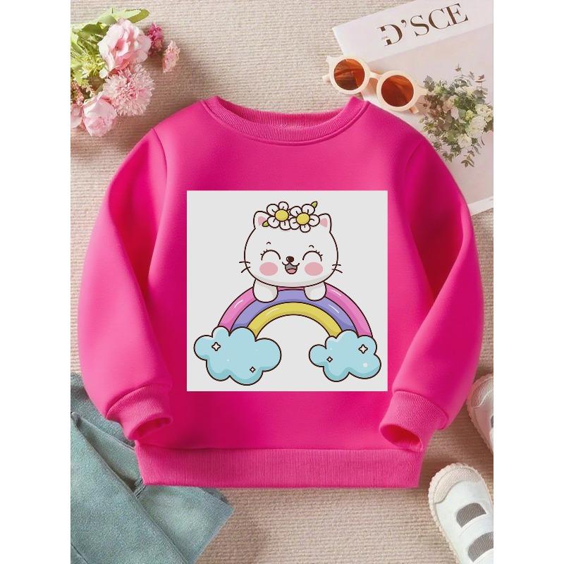 Long Sleeve Crewneck Sweatshirt Featuring a "Kawaii Cat on a Rainbow" Print for Girls And Boys - a Soft
