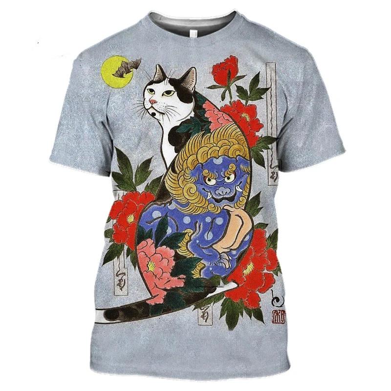 Neue Mode Vintage T-Shirt Samurai Katze Tattoo Shirt Herren 3D Cooler Druck Kunst Klassisches Shirt Sommer Trend T-Shirt