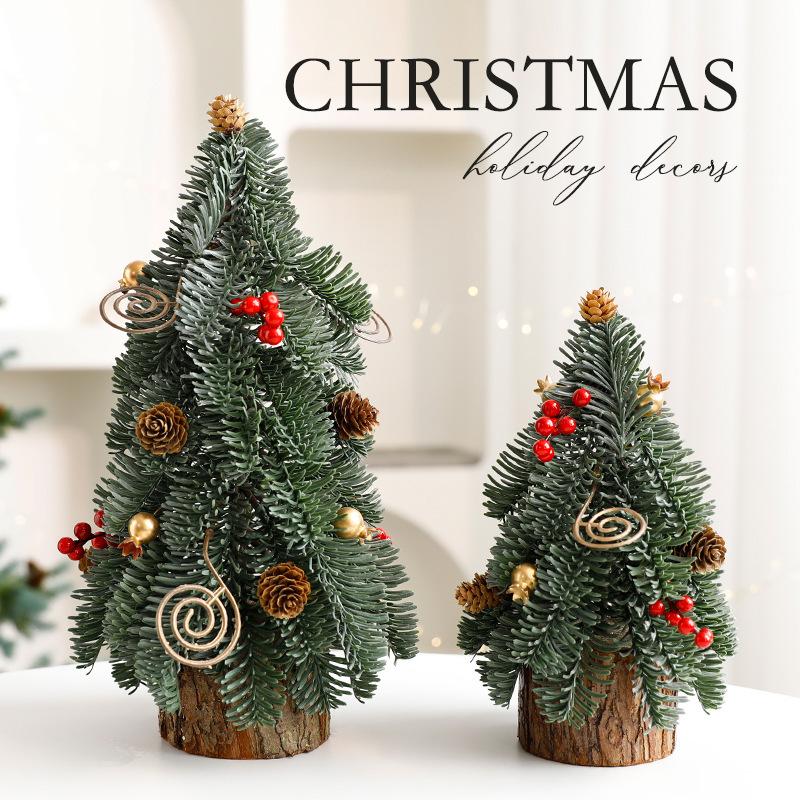 1pcs Wood PE Christmas Tree Ornament with PVC Red Berries Burlap Base Mini Holiday Scene Decor for Tabletop Desktop Ornaments