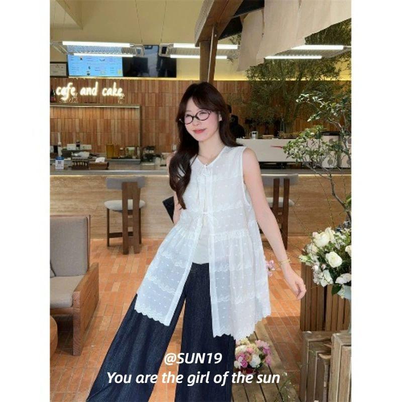 Women s White Sleeveless Sun Protection Vest Dress with French Embroidery - Korean Style Summer 2026 Layered Design S белый