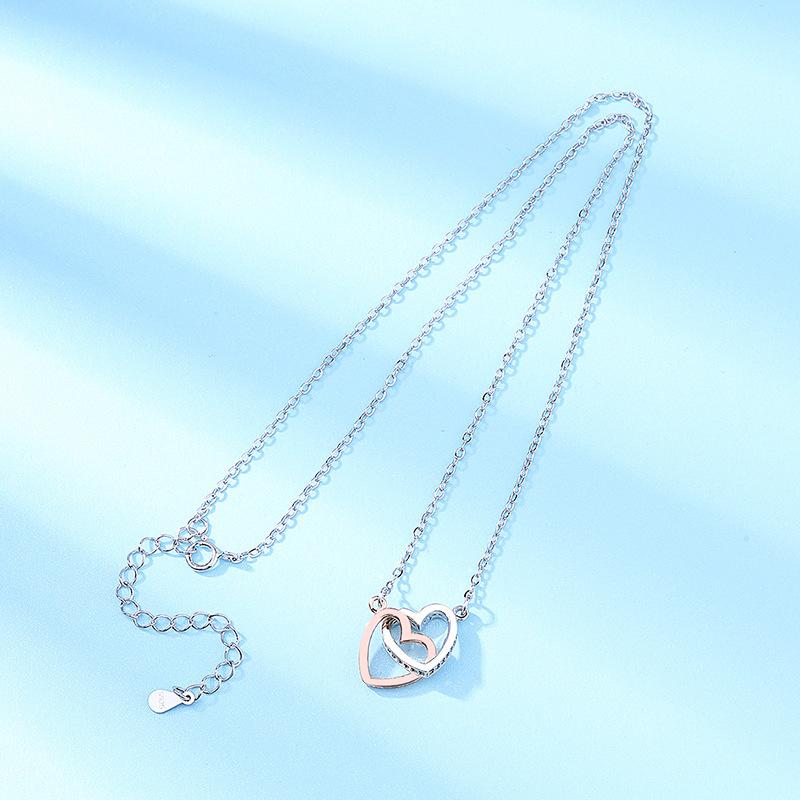 S925 Silver Doppel Herz Color Separation Necklace Light Luxury Minority Rose Gold Heart Buckle Sterling Silver Necklace