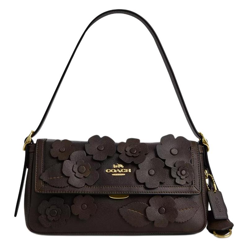 

COACH Etta 25 floral applique gold hardware leather shoulder bag medium women s black чорний