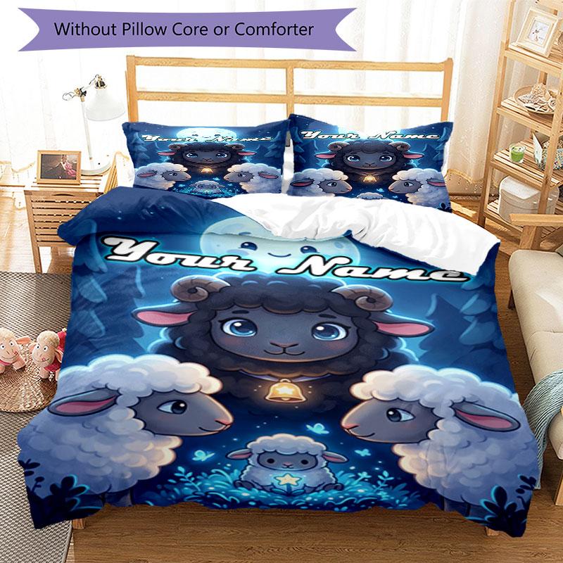 3PC Custom Name Moonlit Sheep Adventure Bedding Set Duvet Cover Closure Includes 1 Duvet Cover & 2 Pillowcases for Bedroom