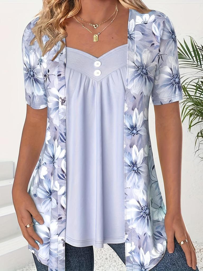 2024 Spring/Summer Women's Cross-Border Fashion: Fake Two-Piece Short-Sleeve Printed Button-Up Top