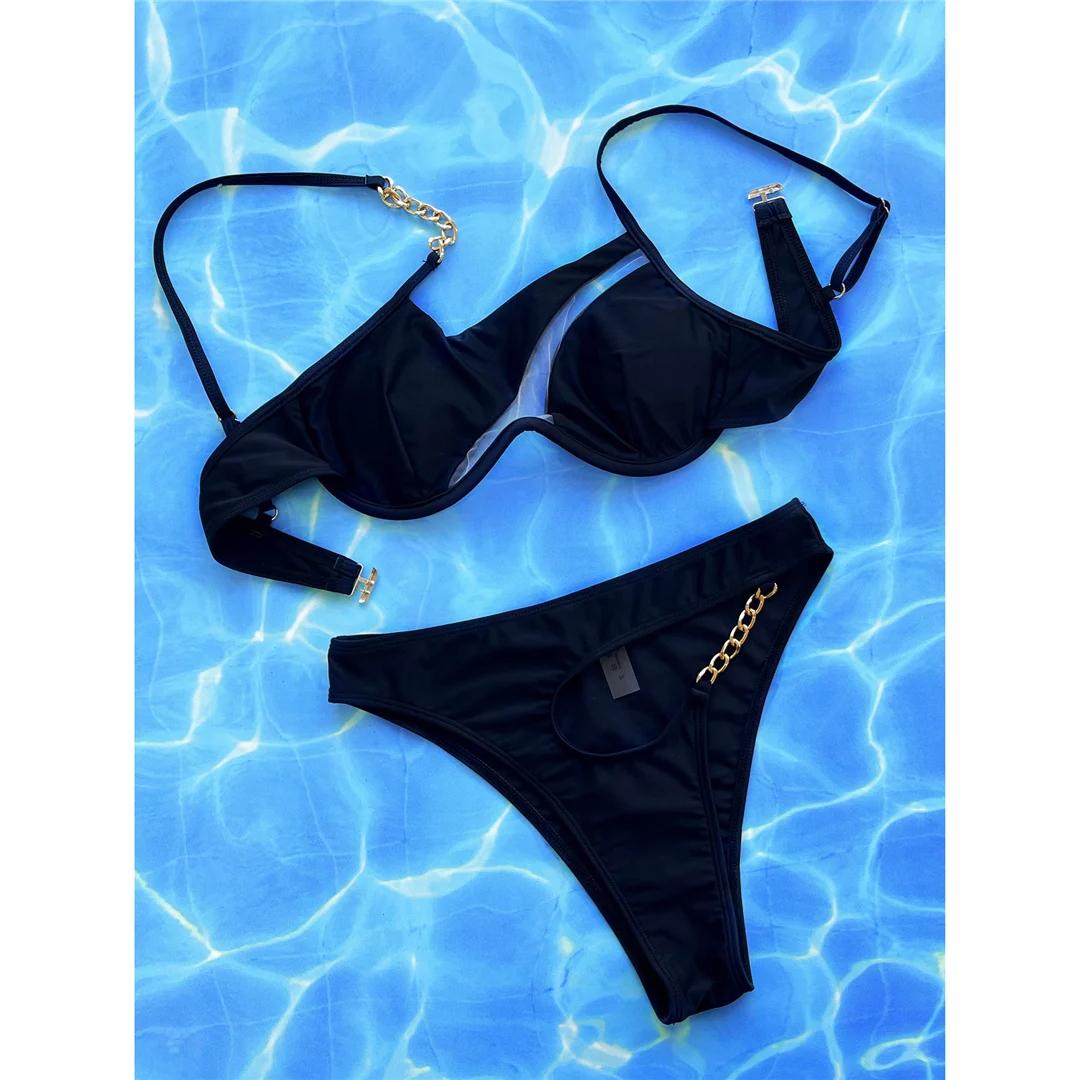 

Sexy Asymmetric Cut Out Underwired Bikini Female Swimsuit Women Swimwear Two-pieces Bikini set Bather Bathing Suit Swim L чорний